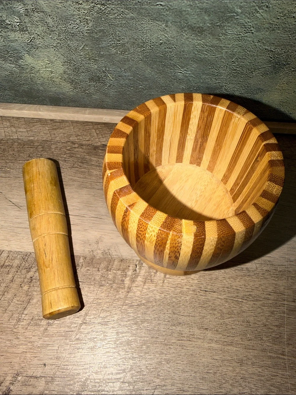 Striped Bamboo Mortar and Pestle - Natural Wood